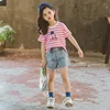 Striped short sleeve girl t shirt + pants jeans korean kids clothes wholesale private label kid clothing