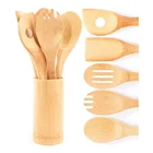 Organic Cooking & Serving 6 Piece Utensil Set | Spoon & Spatula Mix | Holder Organizer | Non Stick Bamboo kitchenware