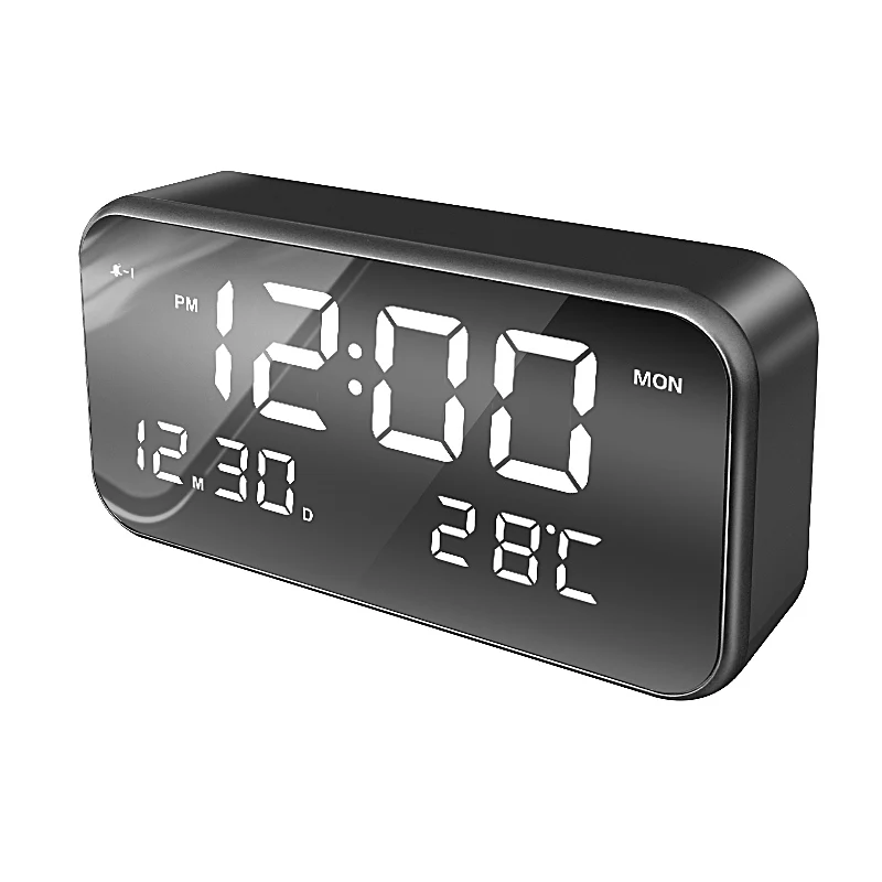 Touch control 5V rechargeable Small size alarm 12/24 hours easy to set kitchen private label led digital mirror wall alarm clock