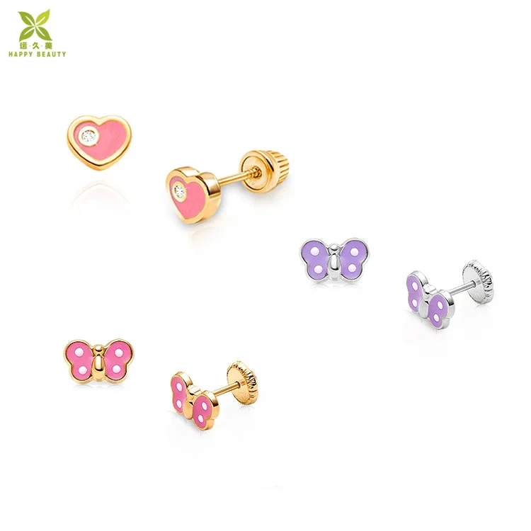 sweet heart diamond earrings,pink enamel butterfly baby/children