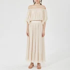 Fashion Casual Women Clothing Suit Off Shoulder Pleated Top Shirt and Long Skirt