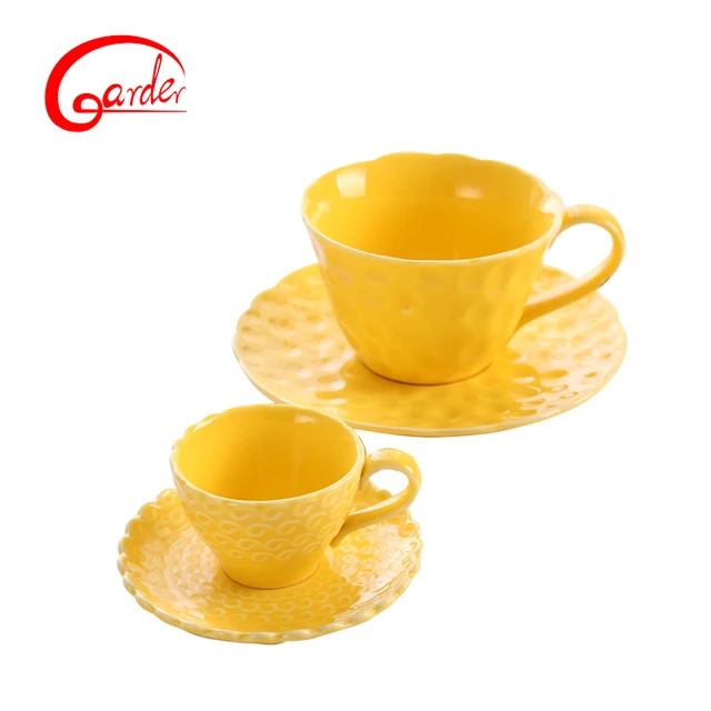 cheap embossed wedding / hotel topic yellow tea cup and saucer