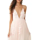 Wholesaler 2019 new fashion strapless V-neck floral- embroidered plunging tulle gown long dress for women