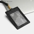 Hiram Beron Badge ID Card sleeve work badge holder with lanyard embossed croco pattern cow leather card holder