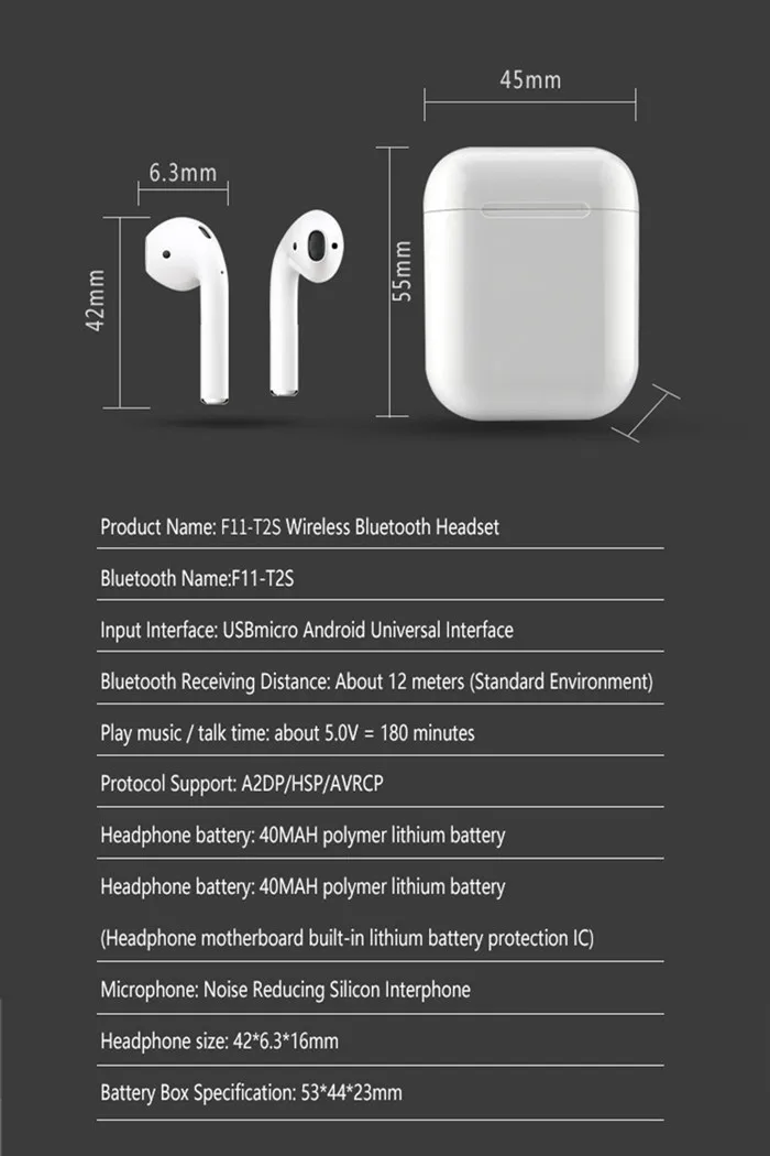 F11-T2S touch control auto connection truly wireless twins ear pods with charger case - ANKUX.COM