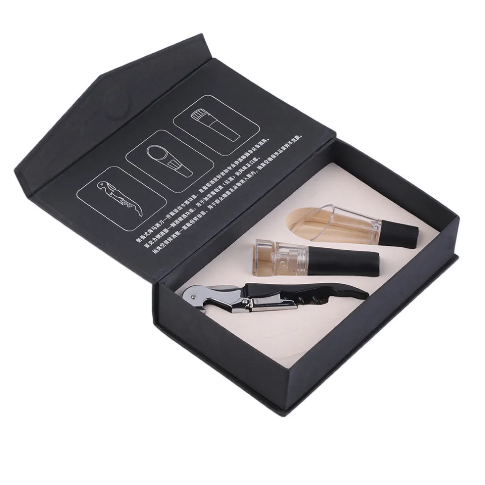 3PCS Wine Vacuum Saver Bottle Stopper Corkscrew Opener Liquor Pourer Tool Set