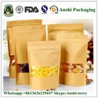 Low moq resealable ziplock stand up foil lined kraft paper bag pouch brown with clear window for food grade package