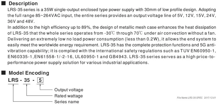 MeanWell LRS-35-12 30Watt 36W 35W 36 Volt 48V 5V 15V PFC Industrial Power Supply LED 30W 12V 24V