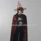 Red halloween wizard cape masquerade costume with glitter pattern decor and hat
