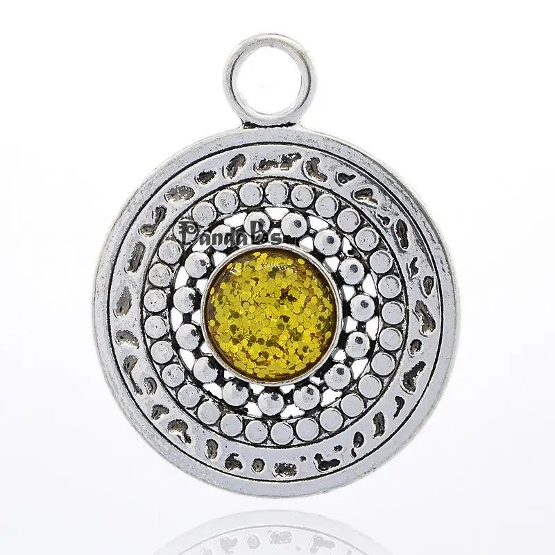 Antique Silver Tone Alloy Resin Big Pendantss, Flat Round, Gold, 72x58x10mm, Hole: 9mm