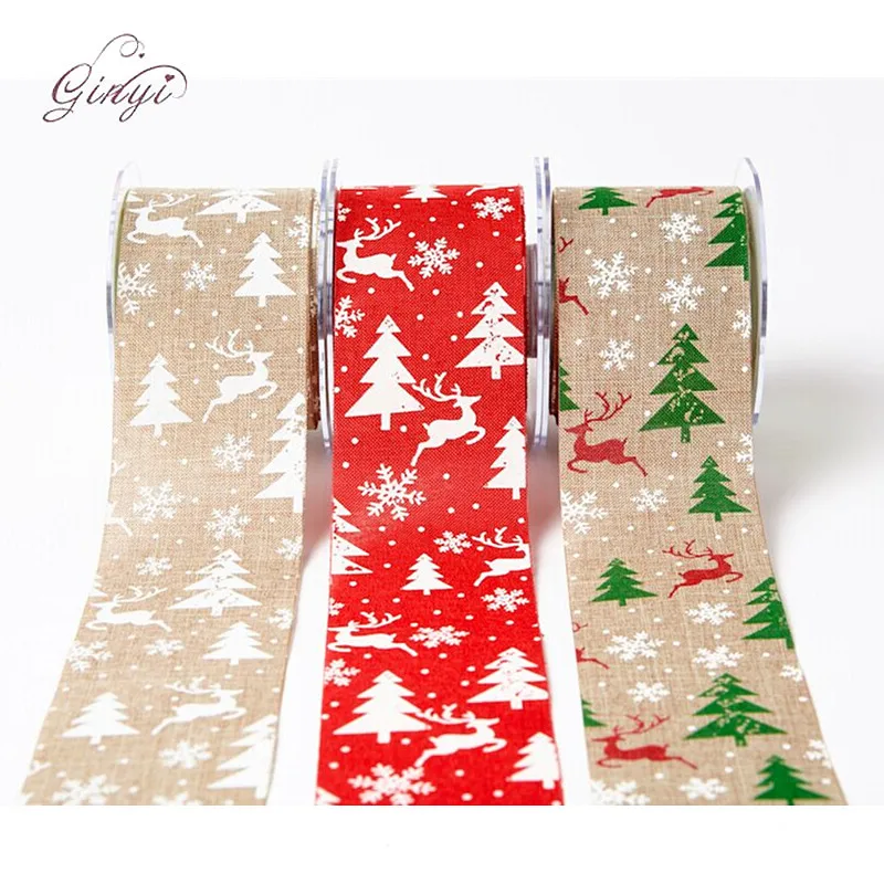 2.5 christmas jute printed ribbons bows gift wrapping ribbon