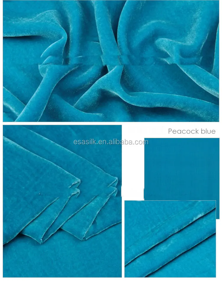 peacock blue silk velvet fabric the back 100% silk , the back