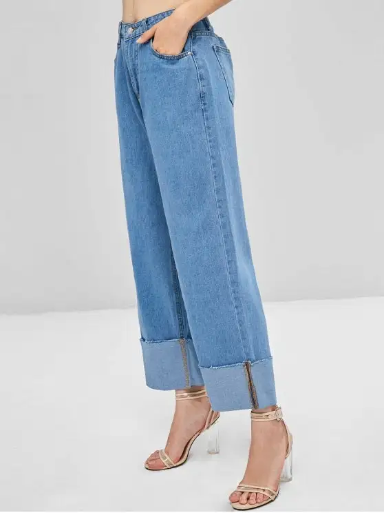 Wide Leg Roll up Design Denim Womens High Waisted Palazzo Jeans