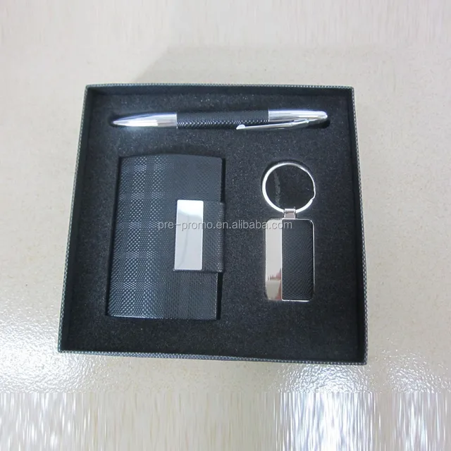 popular design leather business gift set of card holder keychain