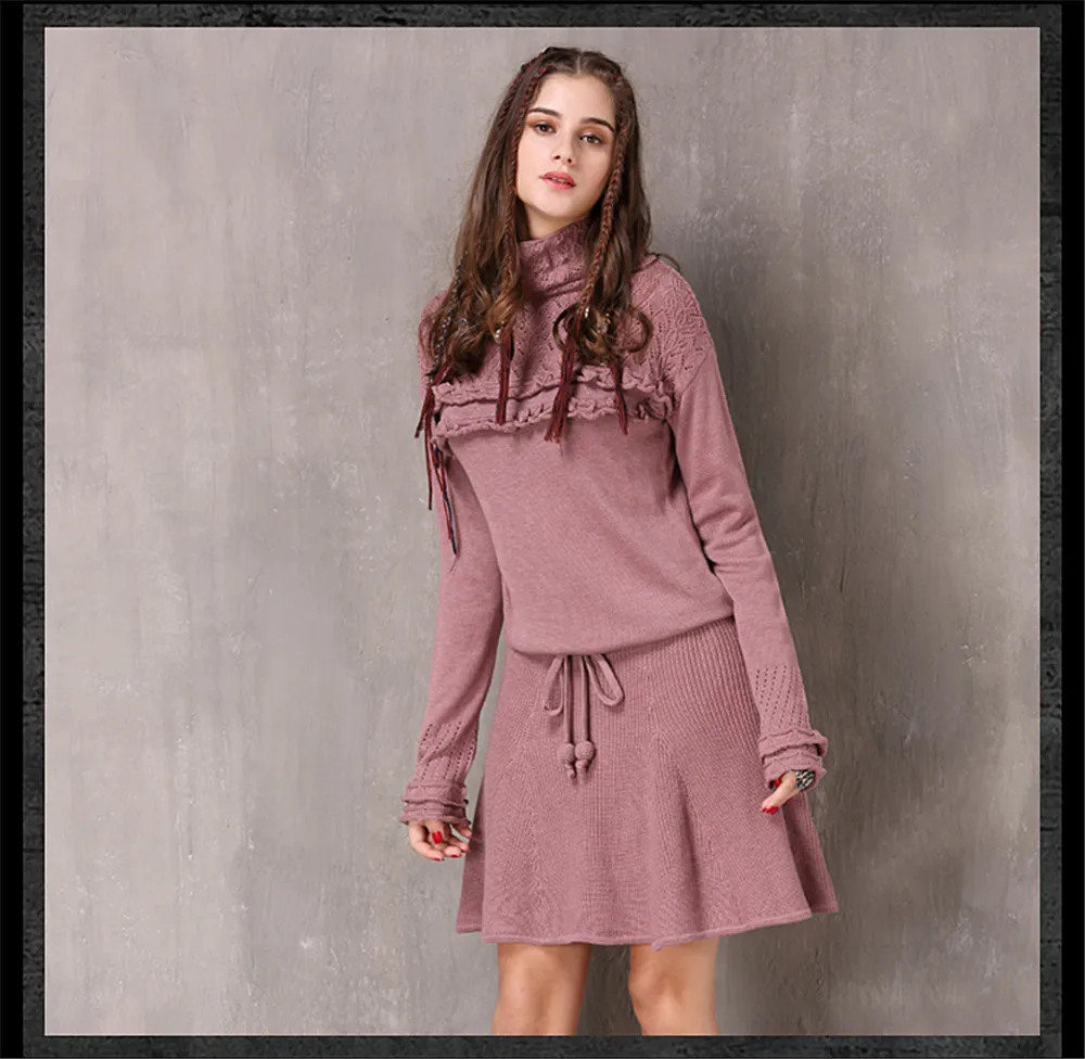 Vintage Knitted Winter Dress For Women 2017 New Cotton Wool Vestidos Turtleneck Ruffles String Waist A-line Women Dresses (10)