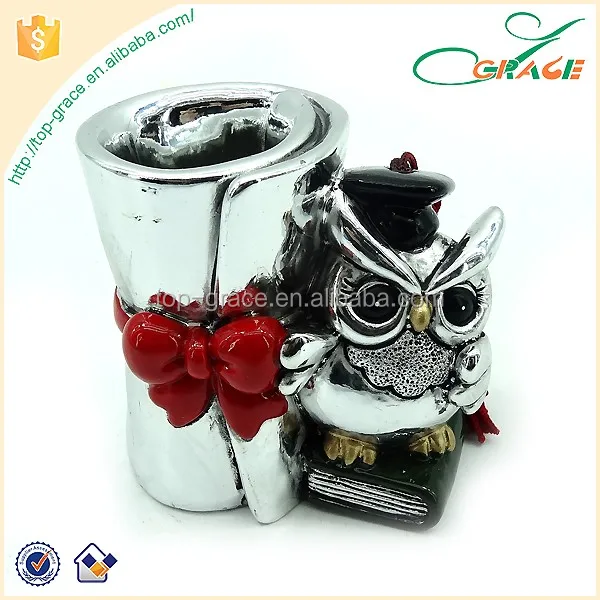 polyresin silver souvenir graduation owl pen holder