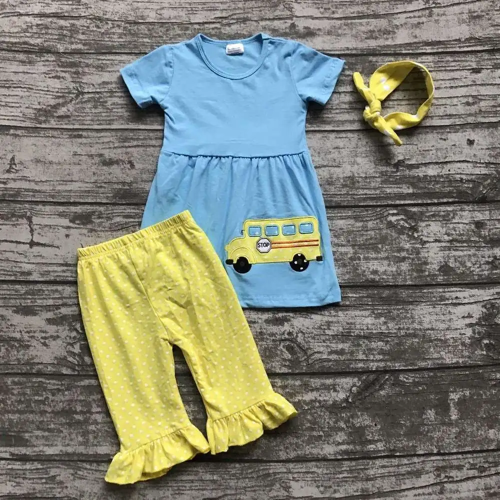 Back to school 3-8years old girls outfit clothes school bus clothing aqua yellow ruffles cotton capris with matching accessories