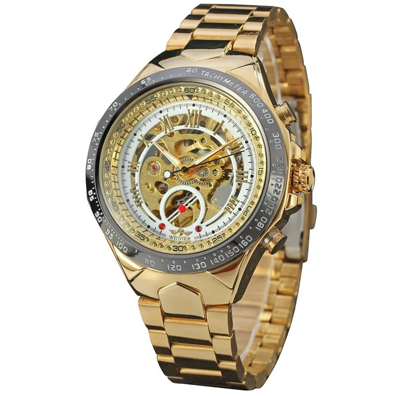 2016 New Hot Sale Skeleton Hollow Fashion Mechanical Self Wind Men Luury Male Business Gold Stainless Steel Strap Wrist Watch