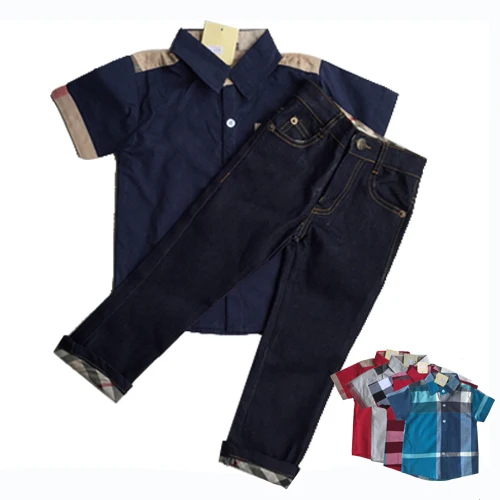 Top quality boys clothes 2pcs baby boy clothing set kids casual suit short sleeve children shirt with jeans plaid short pants