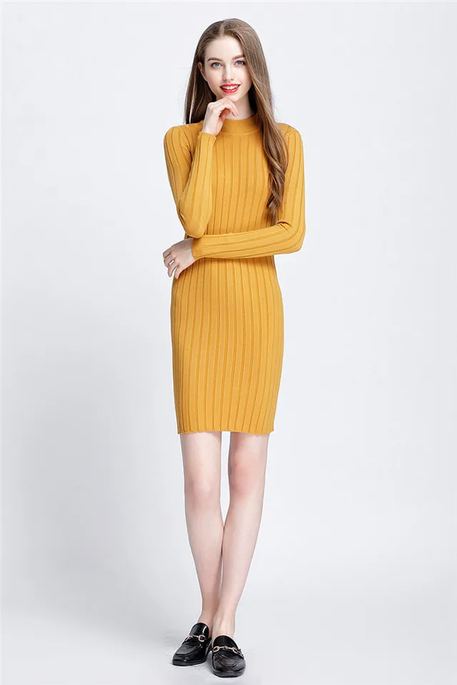 Ribbed Knit Sweater Dress Spring Autumn Women Long Sleeves Mock Neck Knitting Bodycon Mini Dresses C4778