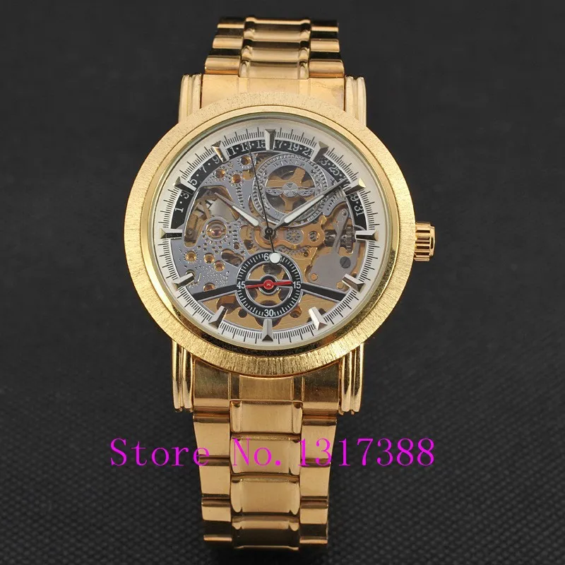 New Fashion Gold Skeleton Watch Men Luury Brand Self Wind Mechanical Wristwatches Male Stainless Steel Analog Clock W125