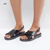 Ladies Flat Plain Black PU Leather Wide Crossed Ankle Straps Cheap Jelly Sandals
