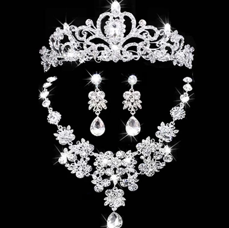 2017 New bridal jewelry crown necklace and earring set tiara rhinestone wedding accessories bridal crystal jewelry sets