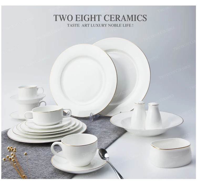 High new bone china dinner set with gole charger plate unique luxury golen rim ceramic diner ware gold cutlery set for banquet