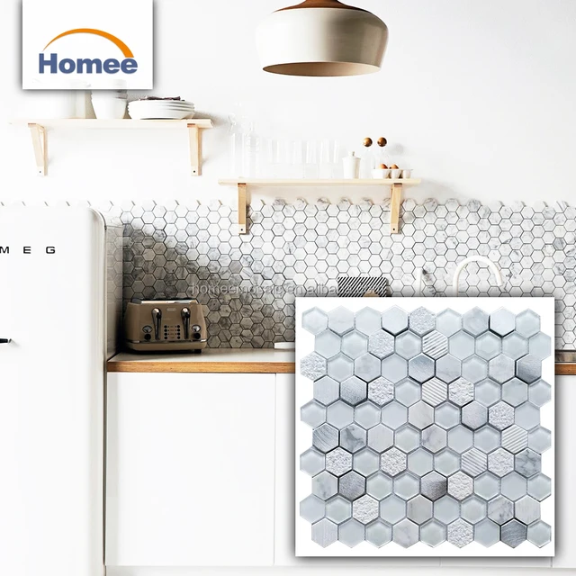 Backsplash White Colored Hexagon Aluminium Blend Stone Mix Marble And Glass Mosaic