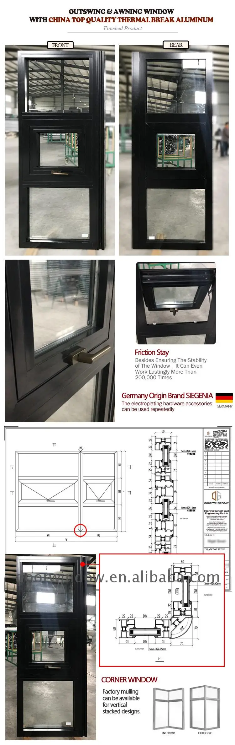 Soundproof awning window with crank security windows powder coating