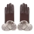 Wholesale brown fox fur cuff winter ladies touch screen leather gloves