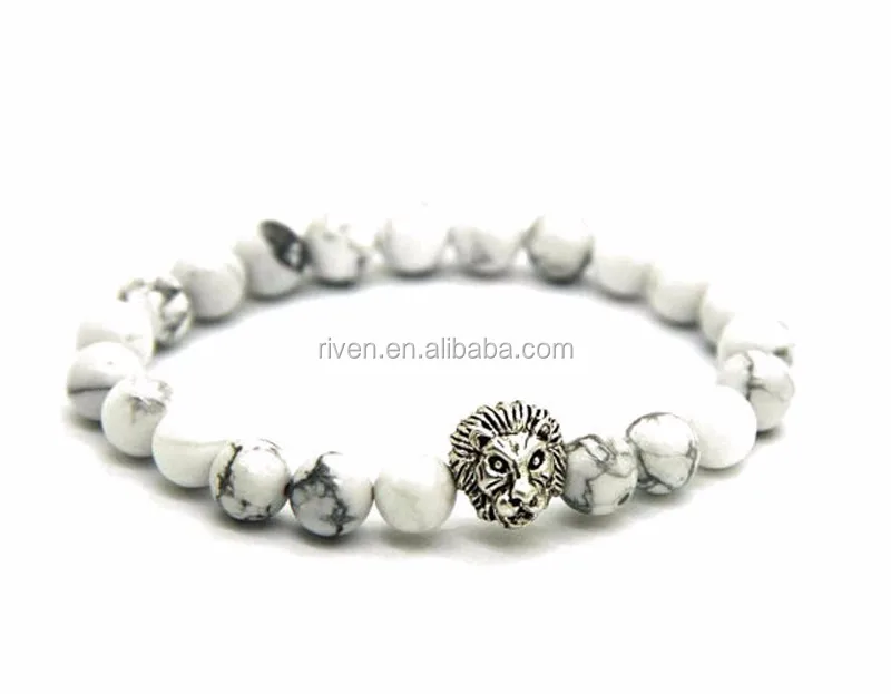 Howlite Stone Bracelet, Mens Bracelet, White Howlite Lion Bracelet, Howlite Stretch Bracelet, Mens Gift, Lion Accent Beads Bracelet.jpg