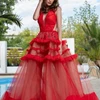 ZH1190Q Gorgeous Deep V Neck Sheer Zipper Back Evening Gowns Tiered Tulle Skirt Floor Length Red See Through Prom Party Dress