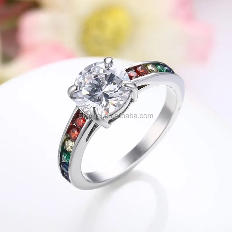 Rainbow Fashion Women Wedding Ring Stainless Steel Clear & Rainbow CZ Ring Marriage or Engagement Band Black Silver Gay ring