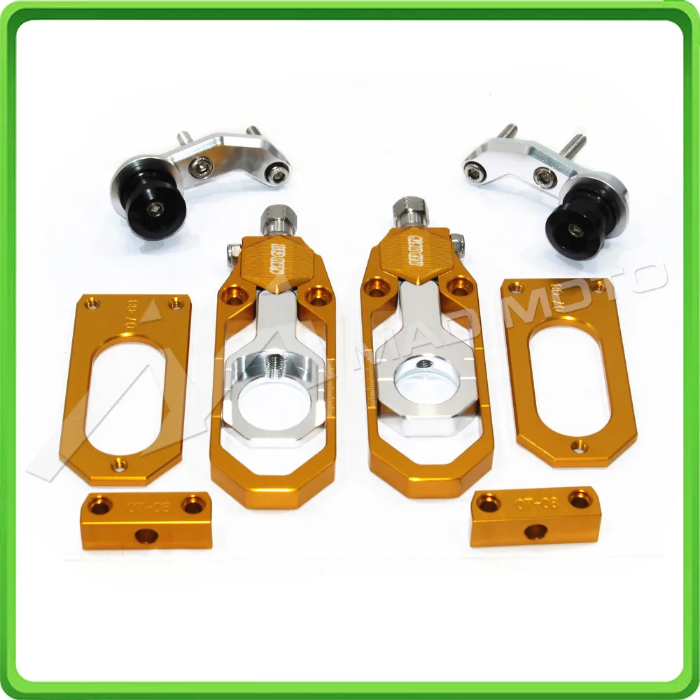 Motorcycle Chain Tensioner Adjuster with bobbins kit for Yamaha R6 YZF-R6 2006 2007 2008 2009 2010 2011 2012 Gold&Silver (12)