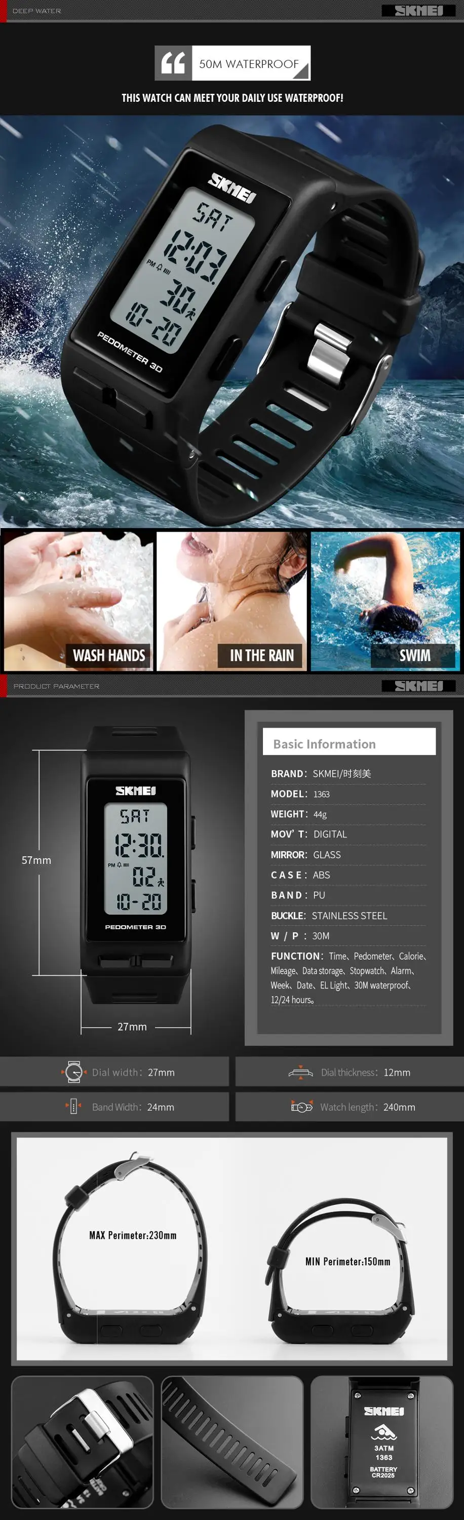 SKMEI 1363 New Fashion Sport Waterproof pedometer watches Led Digital wristband Multifunction Wristwatches