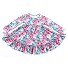 Boutique hot sale girls flower print fancy clothing dress kids frock designs ruffle flower hem kids dress