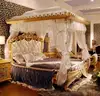 Luxury French Rococo Style Wood Carved Marquetry Canopy Bed/ Royal Four Poster King Size Bed/ Fancy European Bedroom Furniture