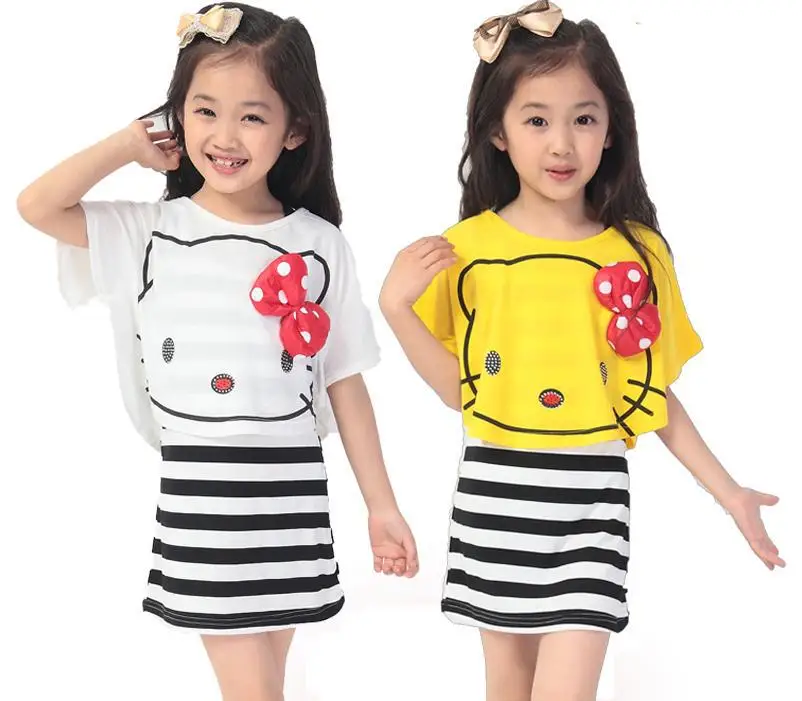 Summer Style baby girls 2pcs Clothing Set 2015 Cloak/batwing vest + striped short sleeved dress Kids/Children Suit