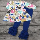 Blue Long Sleeve Cotton Fabric T Shirt Flower Printed Pants Baby Girls Outfits Best Selling Children Clothes Sets