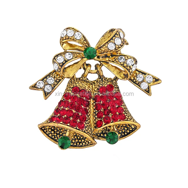 bell brooch pin, sparkling diamond metal badge pin for christmas