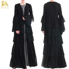 Ruffle Layer Chiffon Islamic Dress Black Fashion Front Open Abaya