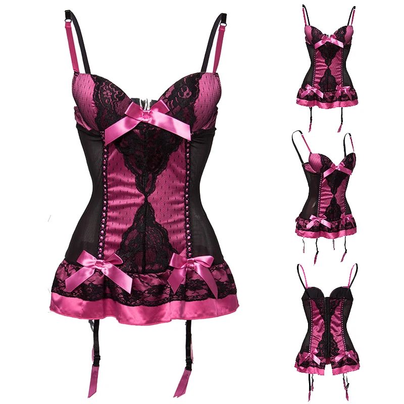 Sexy Lingerie Rose Rood Satijn Zwart Kant Beha Push Up Corset Babypop