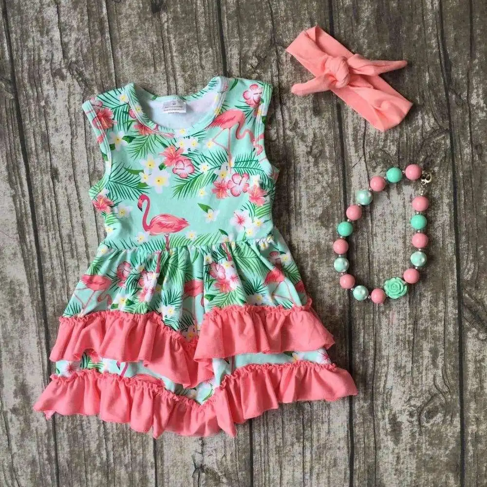 baby girls clothes kids wear summer Flamingo mint coral ruffles print dress cotton mtaching accessories boutique sleeveless