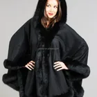 Cashmere Cape with Detachable Hood & Fox Fur Trim - Black