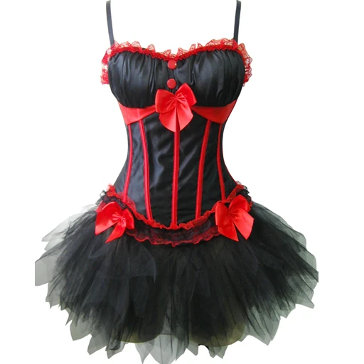 Free shipping 2015 Hot Selling Women Sexy Burlesques Padded Cup Red Strap Corset Dress Basques TUTU Lingerie Costumes Set