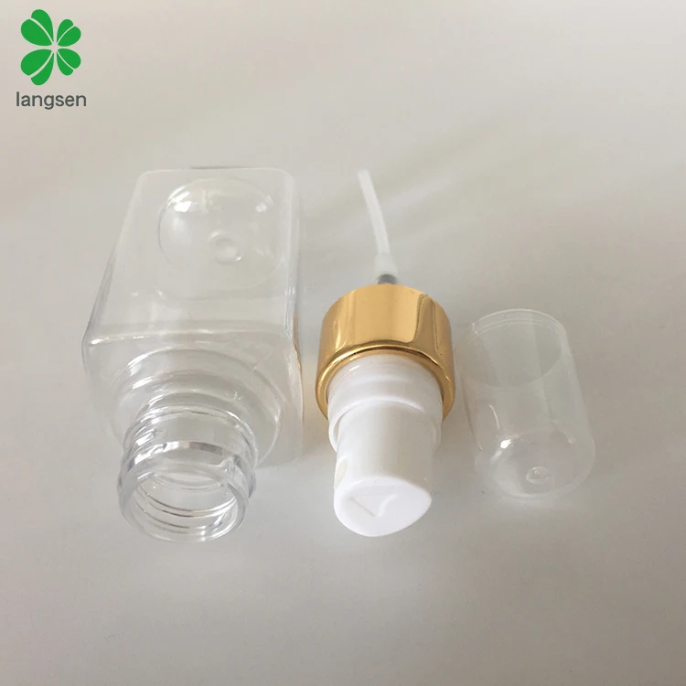 Hot selling PET 40ml square spray bottle with gold mist sprayer cap, perfume bottle
