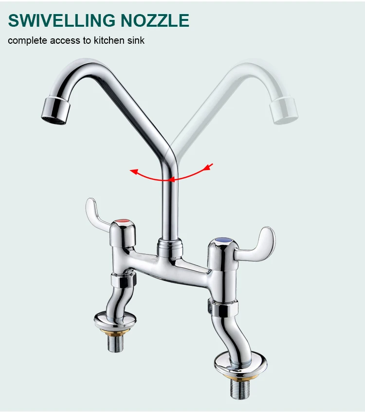 Brass UPC Commercial 2 Hole Kitchen Mixer Taps with 360 Rotate Swivel Faucet Nozzle
