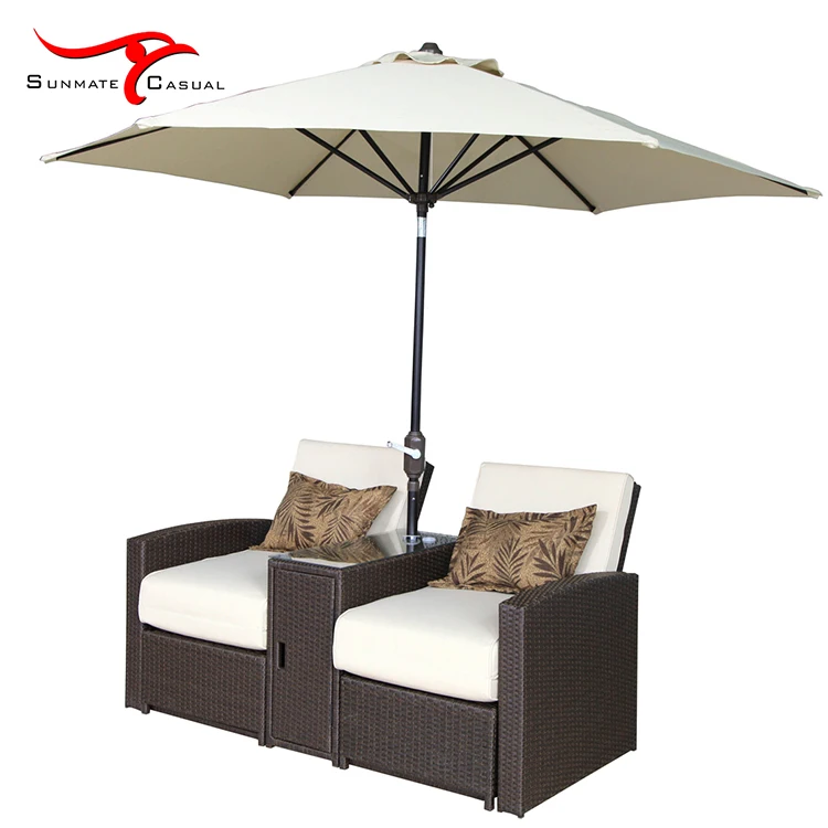 Leisure 2 Seat Multi-purpose Outdoor Garden Furniture Rattan Wicker Folding Reclining Sofa Bed with Umbrella