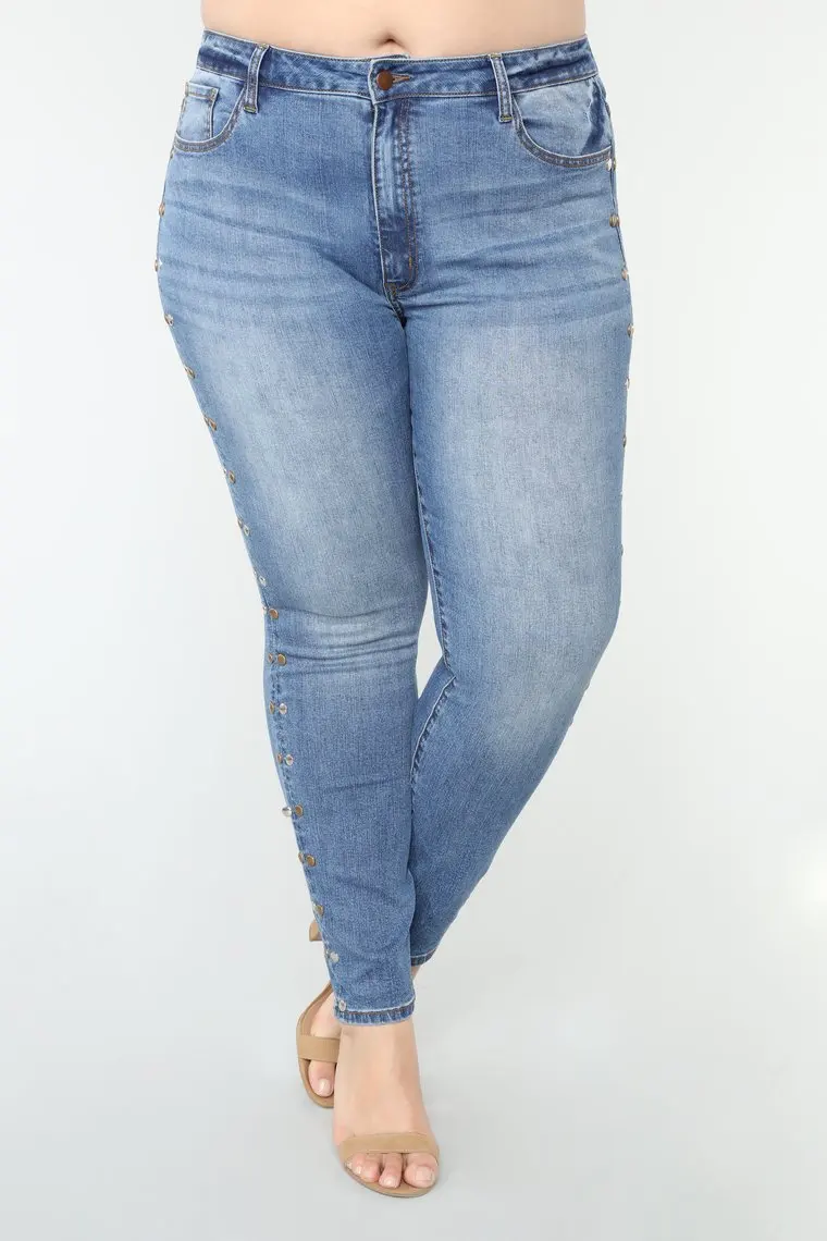2018 Fashion Custom Stud Side Details Skinny Big Size Ladies Denim Jeans for Fat Women